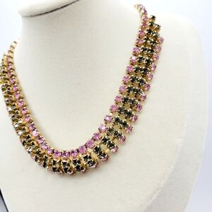 Stunning Vintage Rhinestone Choker Necklace • Hook Clasp • Pink & Gray